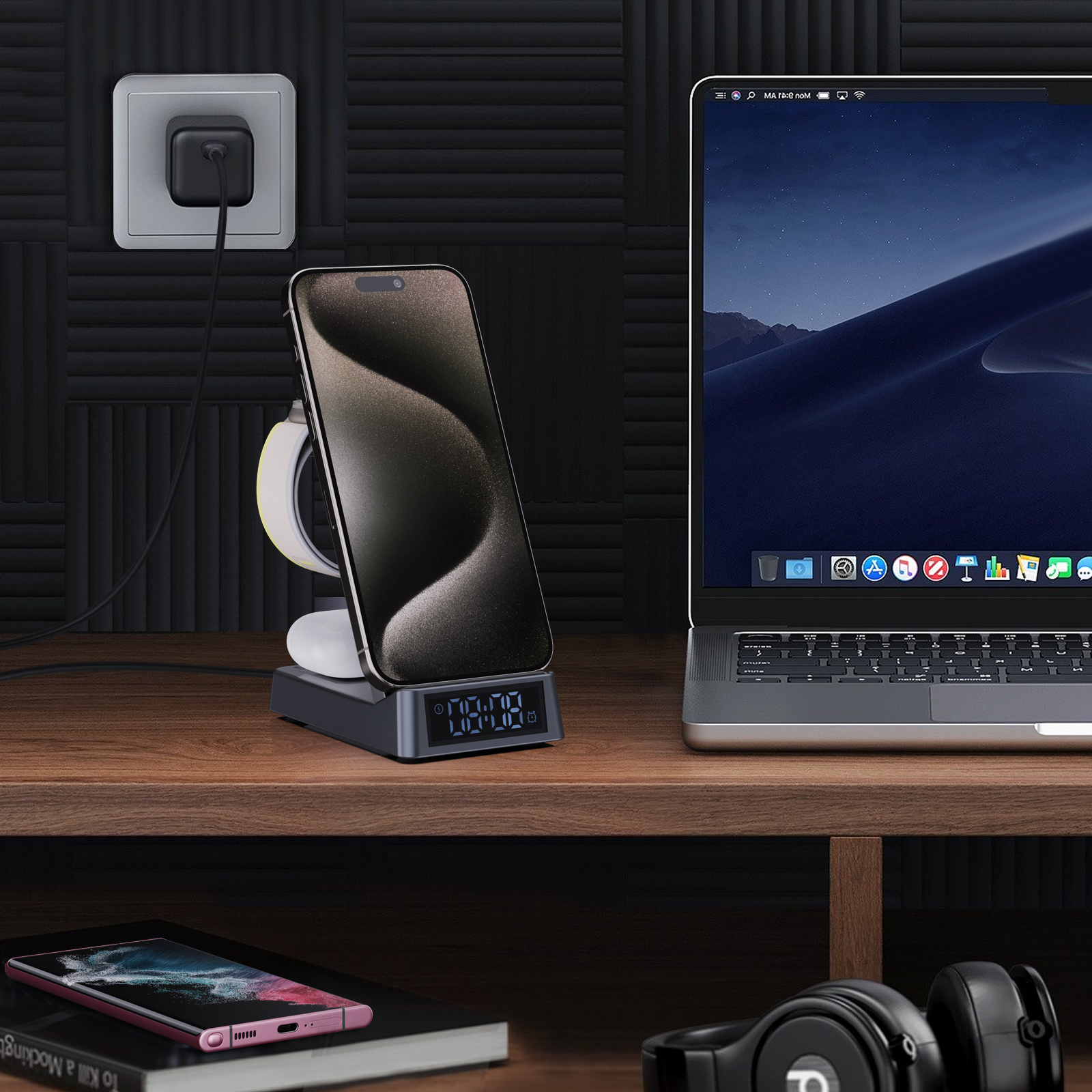 Multifunctional Desktop Portable Wireless Charger Stand With Alarm Clock And Night Light 6 In 1