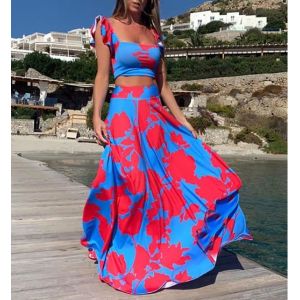 China Summer Womens Casual Dresses Printed Flower 2pcs Top And Skirt With S-2XL on sale
