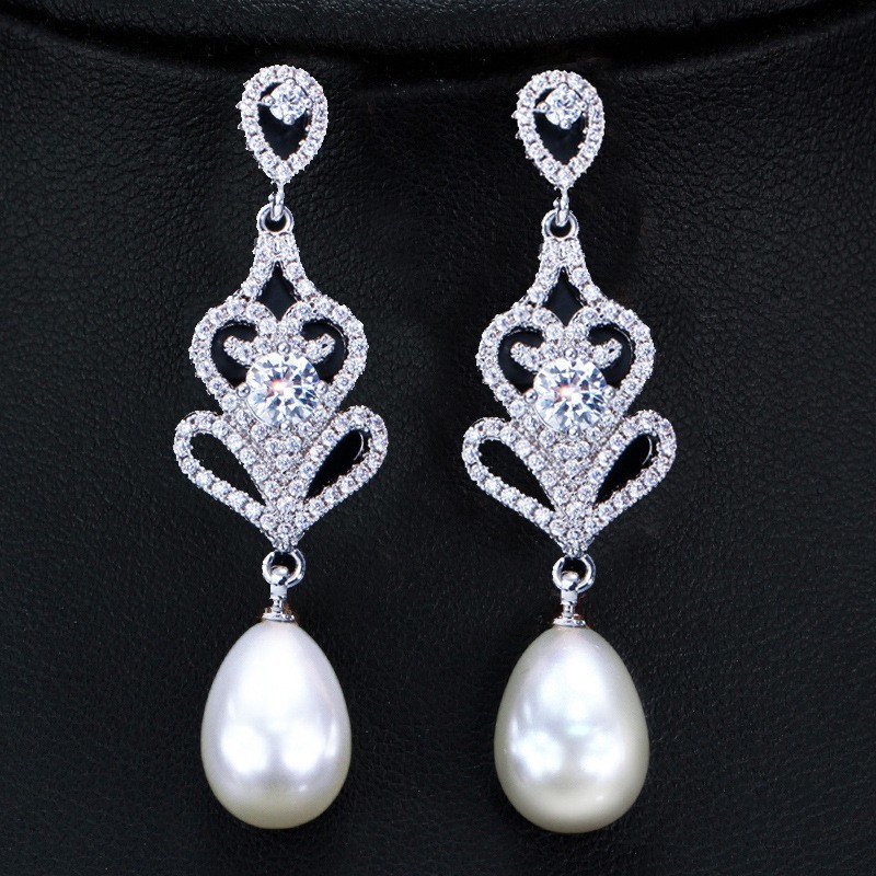 Special Geometrical Silver Color Pearl Earrings Brinco High-Grade CZ Zircon Pearl Earring For Women