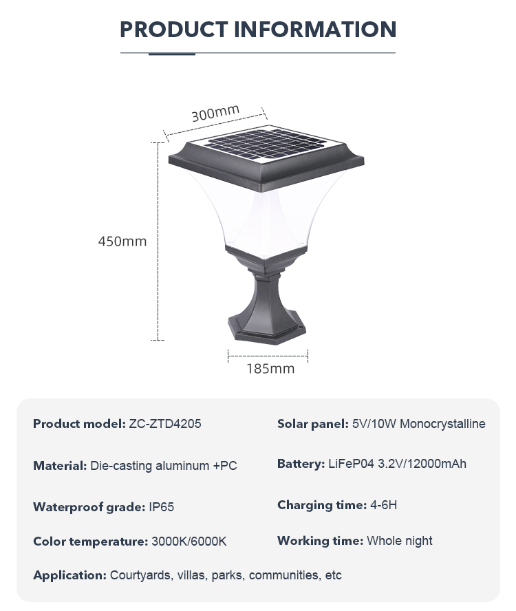 Intelligent Solar Pillar Light IP65 Water Resistant Multipurpose