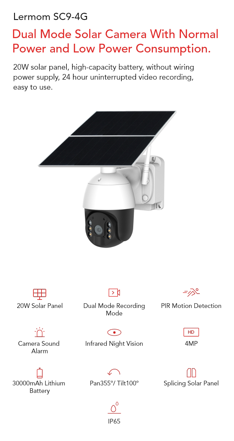 Outdoor Wireless PIR Low Consumption 2 Way Audio 4G 20w Solar Panel Battery Power Cctv Surveillance Camera