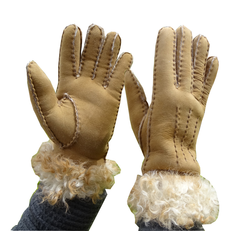 wholesale soft Spanish merino sheepskin double face gloves with lamb wool cuff