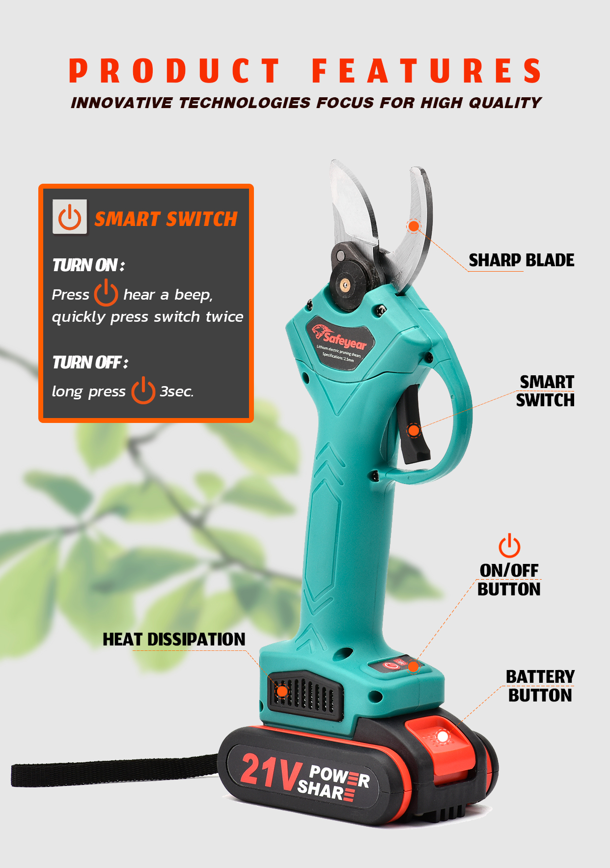 35mm Professional 21v Cordless Electric Pruning Shears With 2 Pack Rechargeable Battery Powered