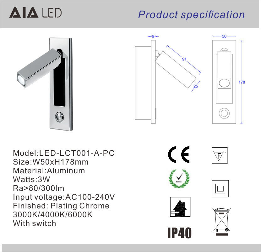 Recessed mounted bedside reading light led reading wall light 3W rotate bedroom headboard wall light for hotel