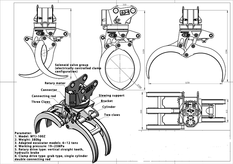 Hydraulic Rotator Grapple 360 Degree Excavator Bucket Grapple Attachment