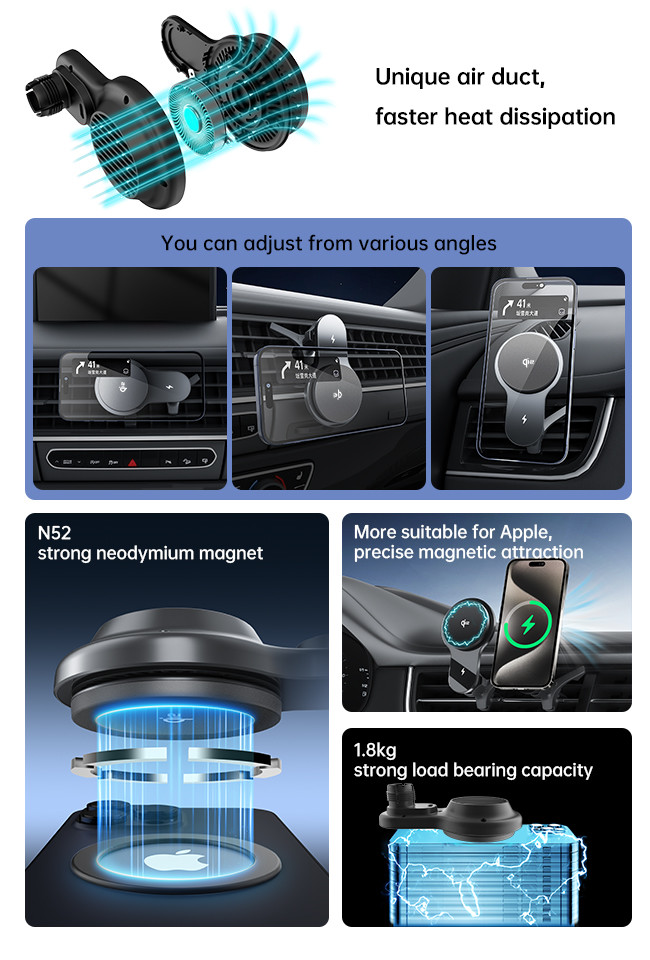 Qi2 Fast Charging Magsafe Car Mount Fan Cooling Car Phone Holder Magsafe