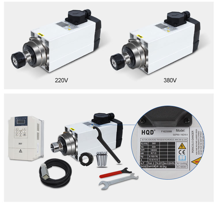 6KW GDF60-18Z-6.0 Air Cooled Spindle Motor for CNC Router 12.95KG and High Frequency