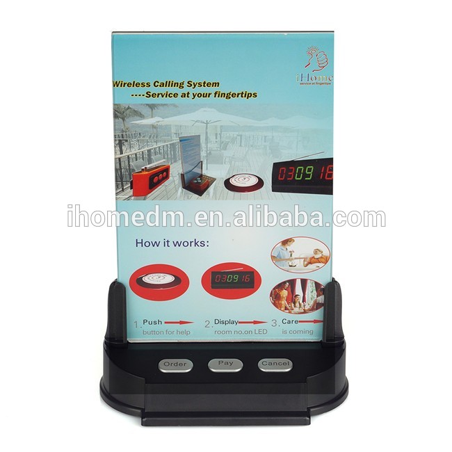 Restaurant high grade logo OEM night light wireless pager system long range call button with menu stand