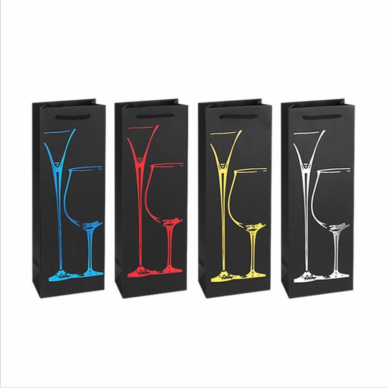 Single Pack Wine Bottle Packaging Black Paper Bags with Custom Logo and Hot Foil