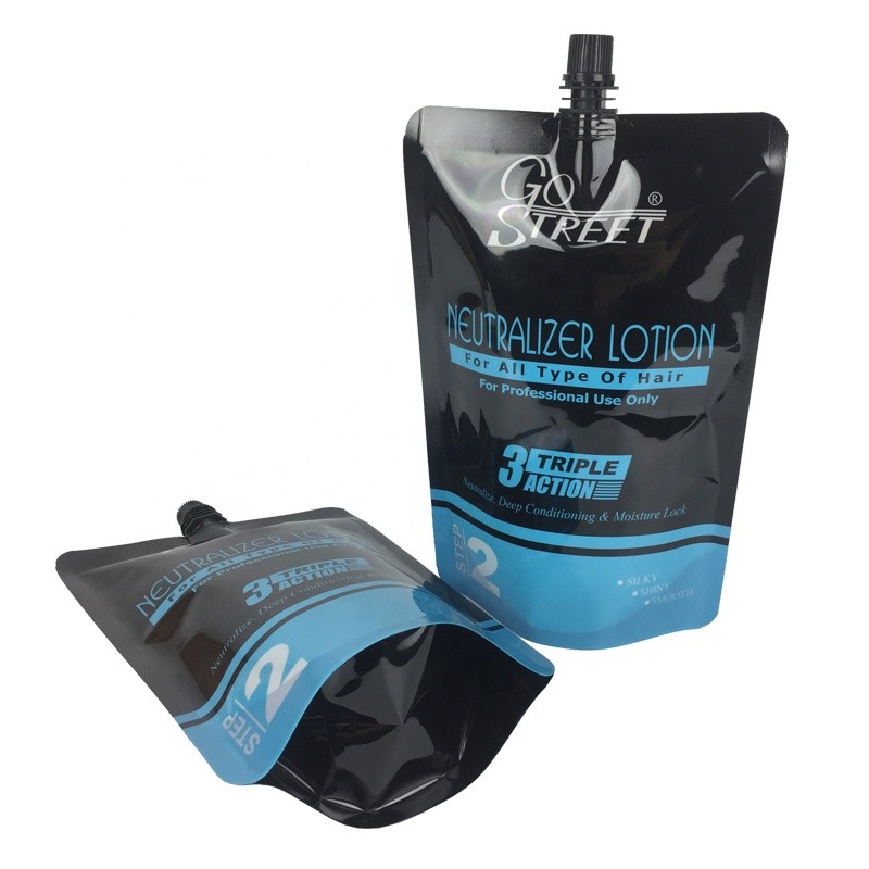 custom printing stand up pouch glossy plastic spout doypack liquid hair lotion packaging bag