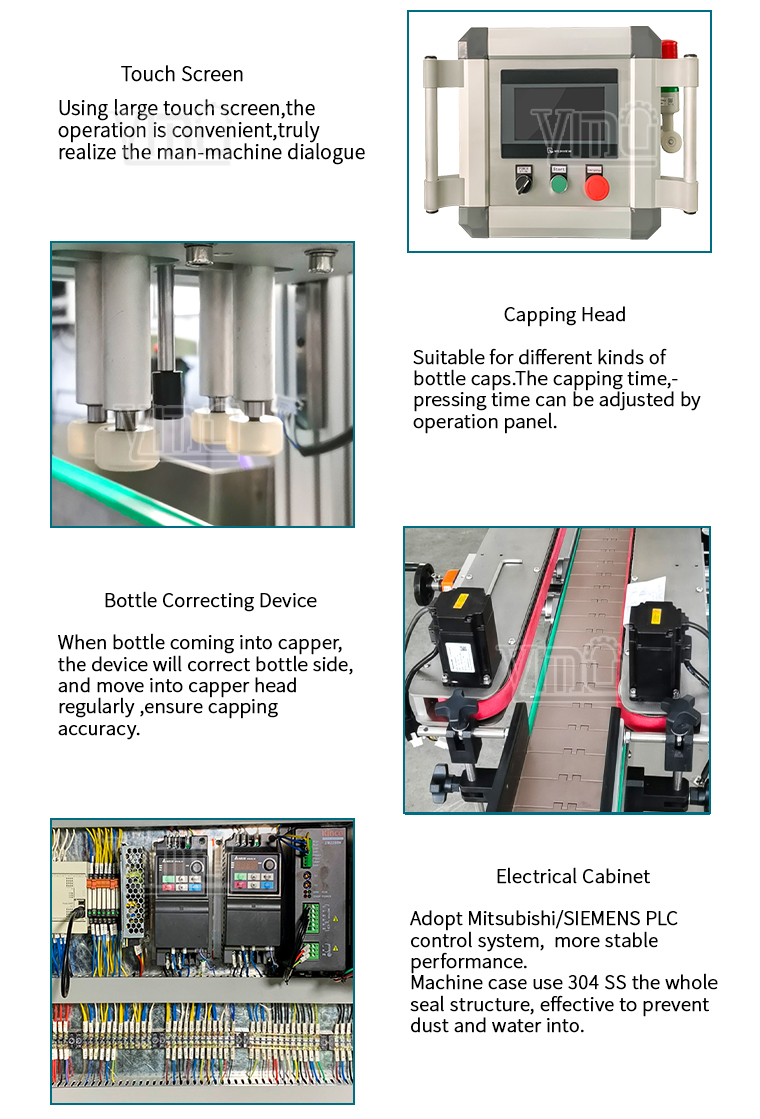 YIMU CM140 Automatic Pet Shampoo Bottle 4 wheel Capper Pressing Screwing Capping Machine With Vibrating Cap Feeder
