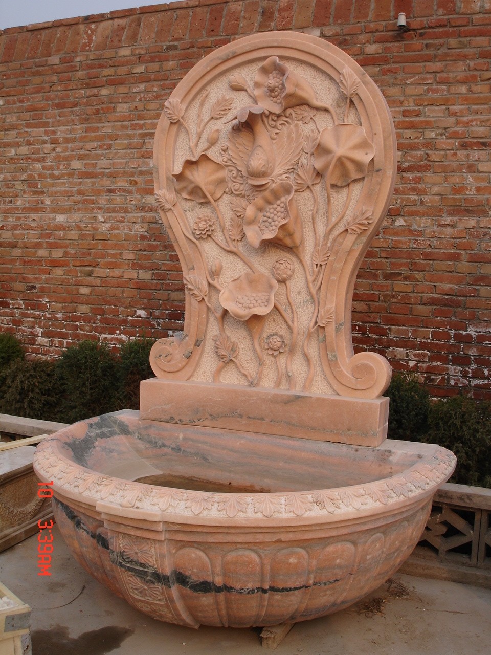 Lotus Flower Carved Pink Marble Stone Wall Water Fountain