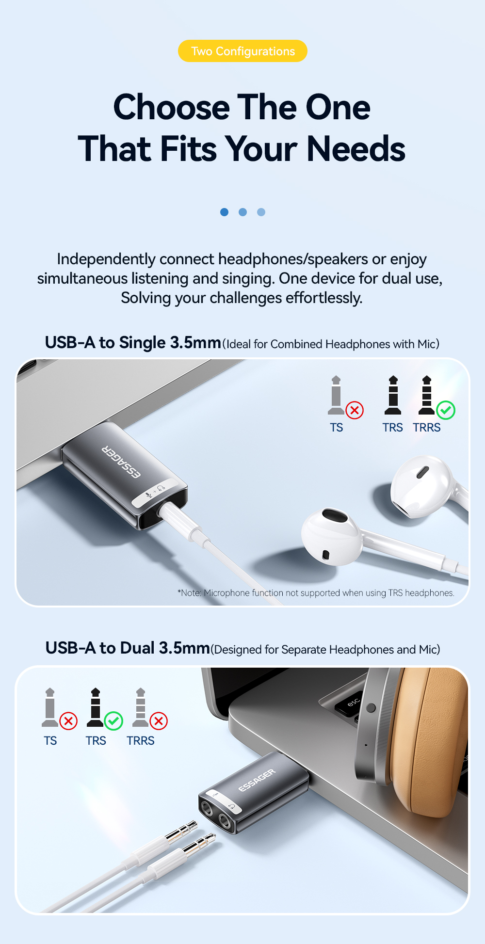 ESSAGER ES-OTG21 Series USB A To Aux Jack Audio Micro Adapter USB To 3.5mm Adapter