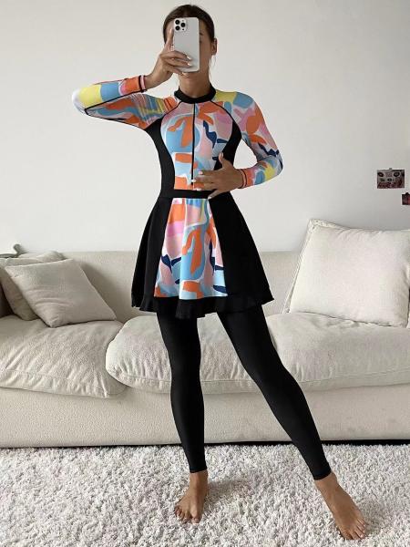 Geometric Print Muslim Swimsuit Conservative Full Surrounded Islamic Swimming