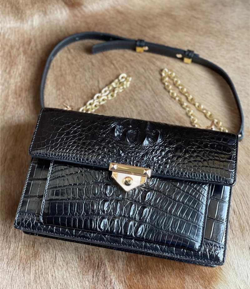 Authentic Crocodile Skin Women's Small Flap Purse Genuine Alligator Leather Two Straps Lady Female Cross Shoulder Bag