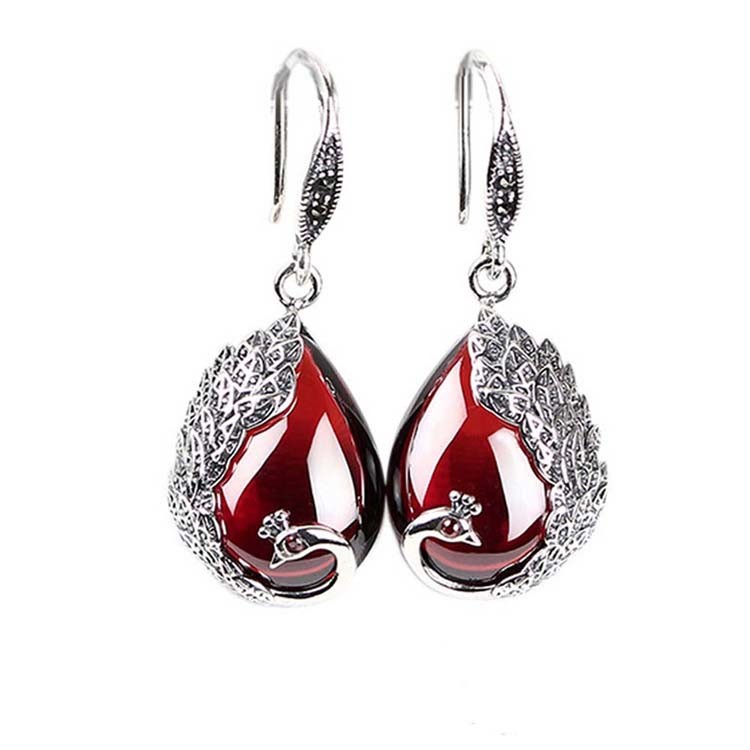 Thai Sterling Silver Red Chalcedony Drop Retro Earrings (E170619RED)