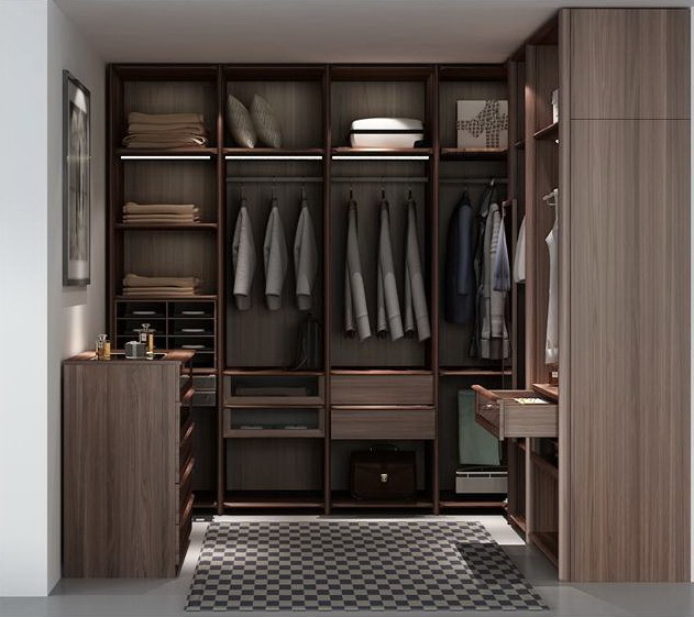 Custom Furniture Walnut wood Built Walk in Wardrobe Closet with Cloth display racks and Storage Cabinets