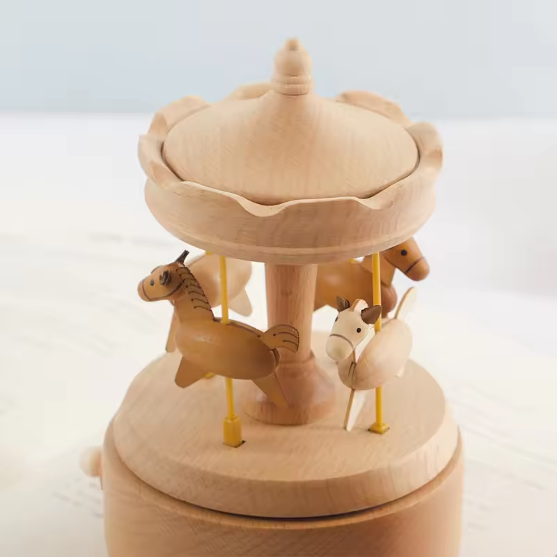 Hot Selling Wooden Carousel Music Box Christmas Birthday Gift for Kids Home Office Decorations with Mechanical Play Power