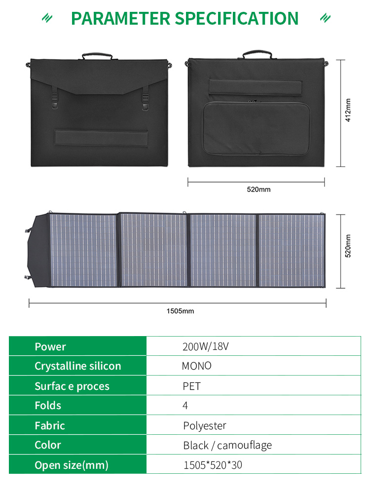 Portable Folding Mono Solar Charger 200W Foldable With 2 USB Outputs For 18v Power Station