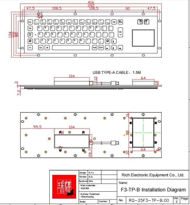 IP65 Industrial PC Keyboard Stainless Steel With Full Functional 2 Keys Touch Pad