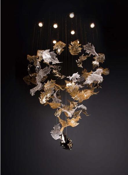 Clear Amber Art Glass Leaves Chandelier Decor Lobby Big Foyer Large Hotel