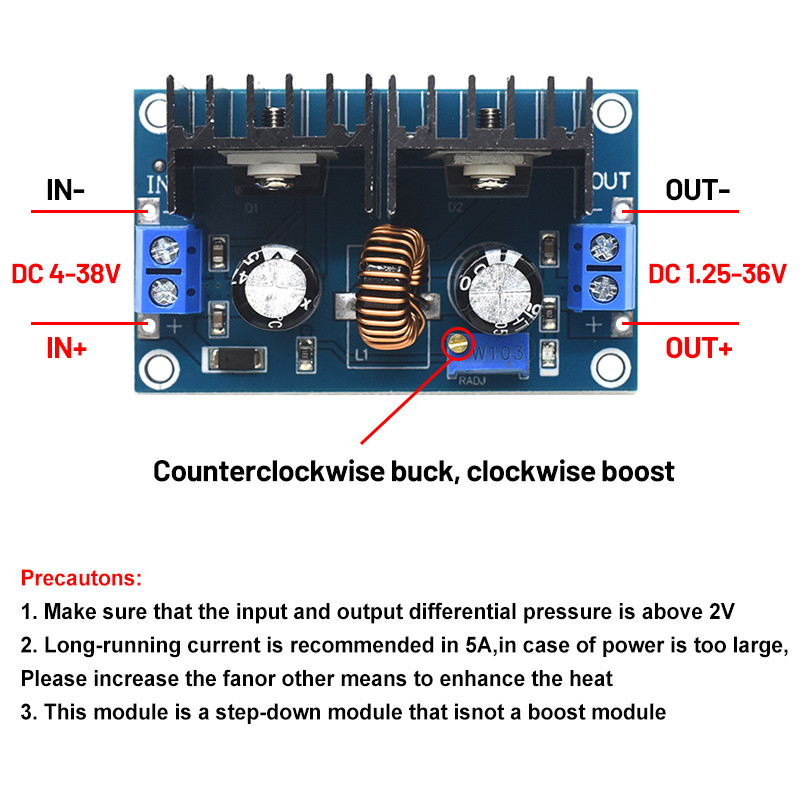 CA-4016 8A 200W Board Mount DC-DC Converter XL4016 4-40V To 1.25-36V PWM Adjustable Step-Down Module