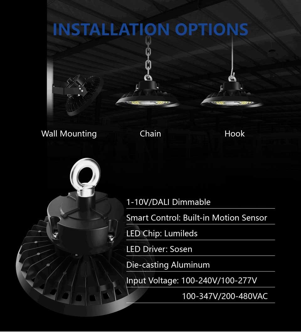 240W 200 Watt UFO High Bay LED Light 140LM/W 100W 150W Indoor Smart