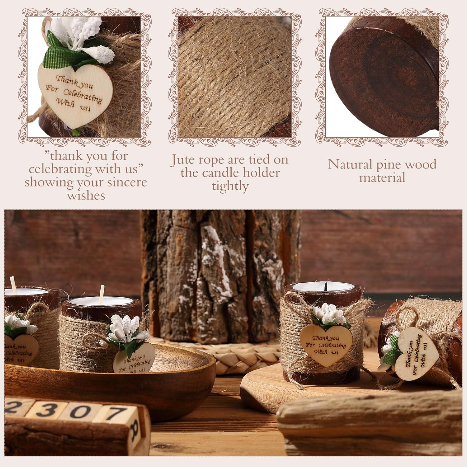 Customized village wooden tea light cylinder candle holder Bride shower Wedding baby shower party