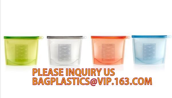 Storage preservation reusable silicone food bag,FDA reusable silicone storage food bag with Zip lockk in microwave bagease