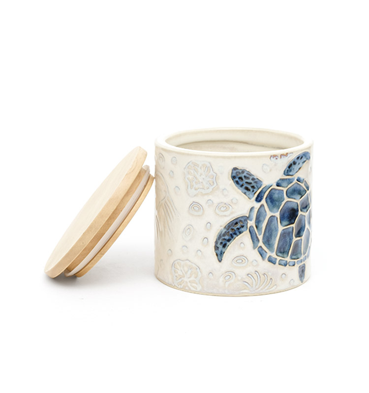 Ceramic Airtight Coffee Canister Jar Handpanting Reactive Glaze Ocean Style Bulk Ceramic Jar With Bamboo Lid