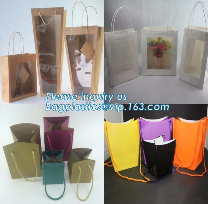 Flower carrier bag with different color customized pot plants kraft paper bag with handle,stamping logo fancy paper flow