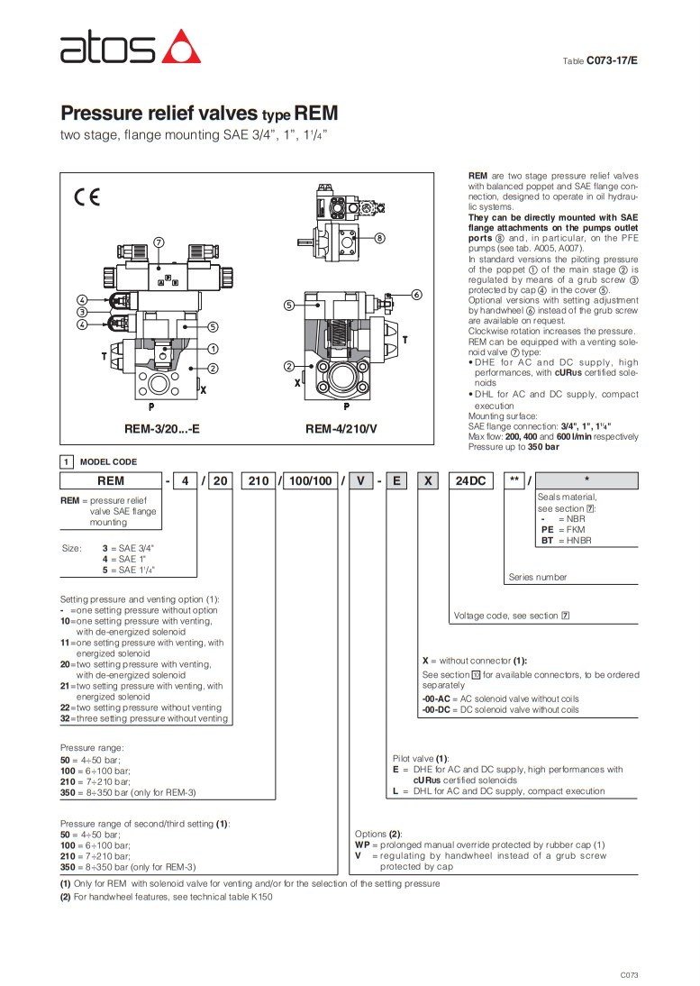 Cast steel Atos Two Stage Pressure Relief Valves With Balanced Poppet And SAE Flange