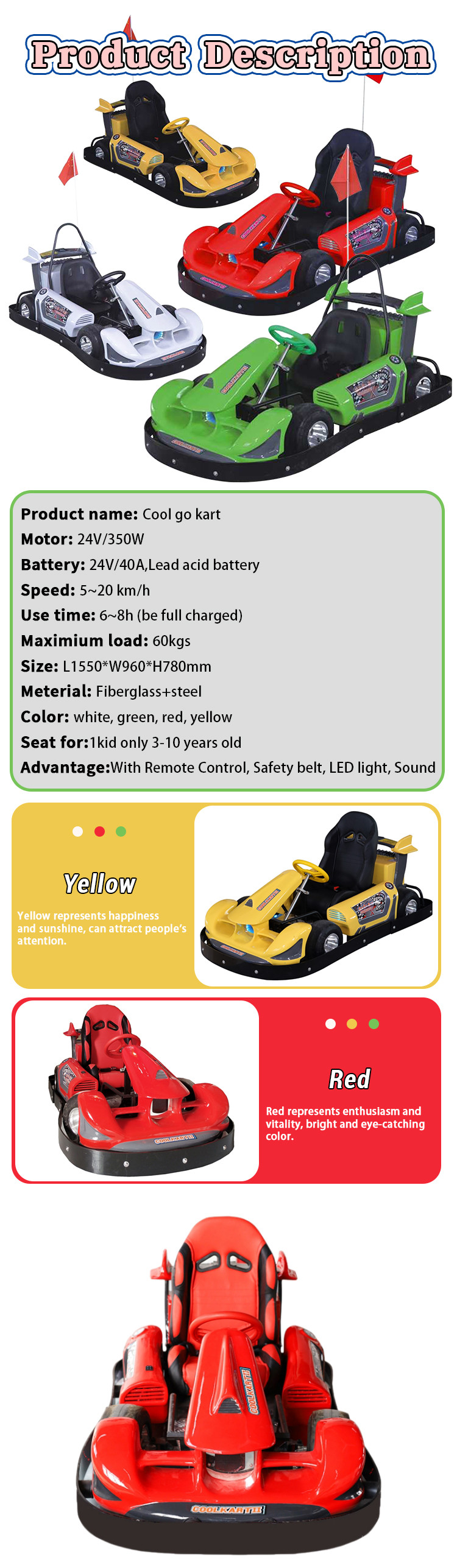 1 Seat Kiddie Rides Machine 3-10 Years Old Super Cool 24V 40A Electric Fiberglass Steel Go Kart