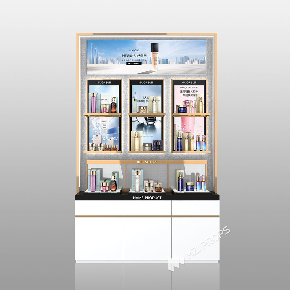 TJiS-B2 Shiny Silver Wallpaper Skincare Display Cabinet with 40mm Light Box