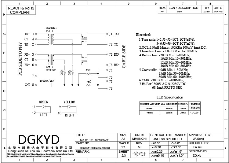 DGKYD511B002AC2A2DK068 180 Degree Vertical RJ45 Network Connector With Notch