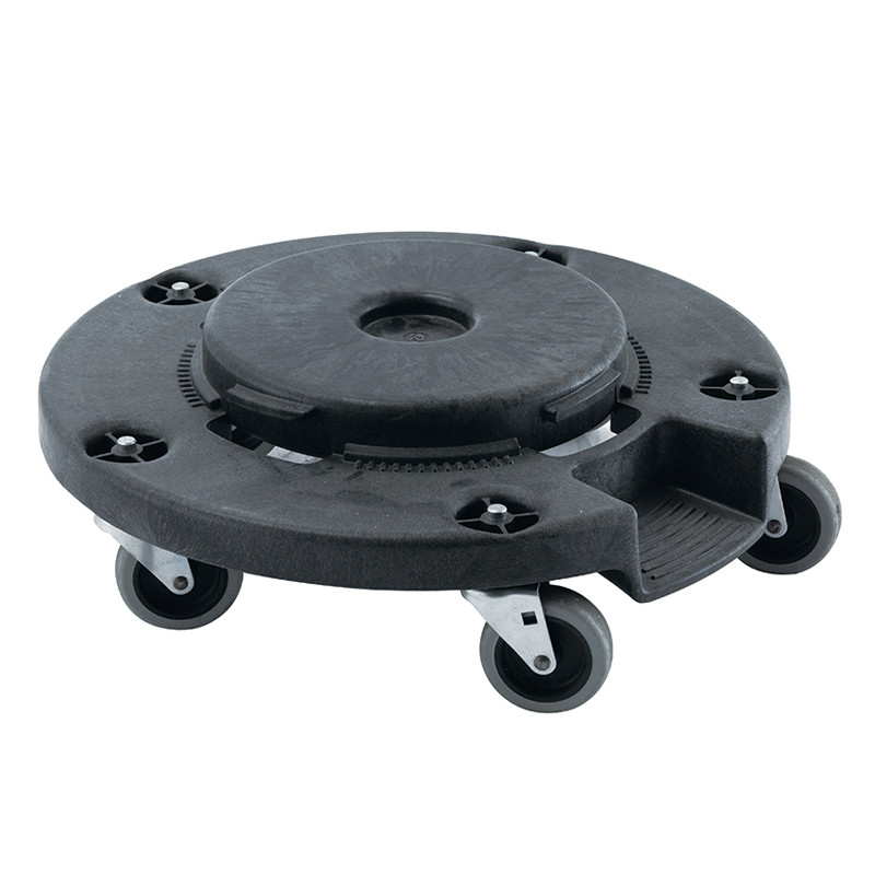 Black Plastic Cleaning Cart with 3 Shelves and Yellow Vinyl Bag 4'' Non - Marking Casters and 8" Rear Wheels