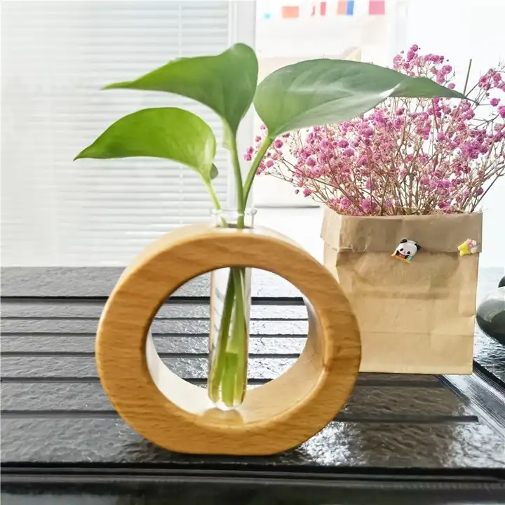 Exquisite Nordic style table stand glass test tube vase wooden hydroponic plant holder