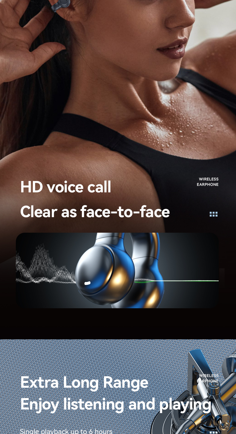 HiFi Stereo Bone Conduction True Wireless Earphone with 20cm Charging Cable and Mic