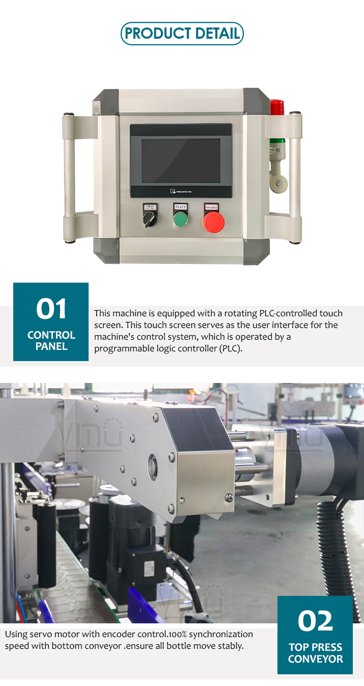 YM630 3 heads Fully Automatic Roll to Roll three sides Flat Square Bottle Labeler