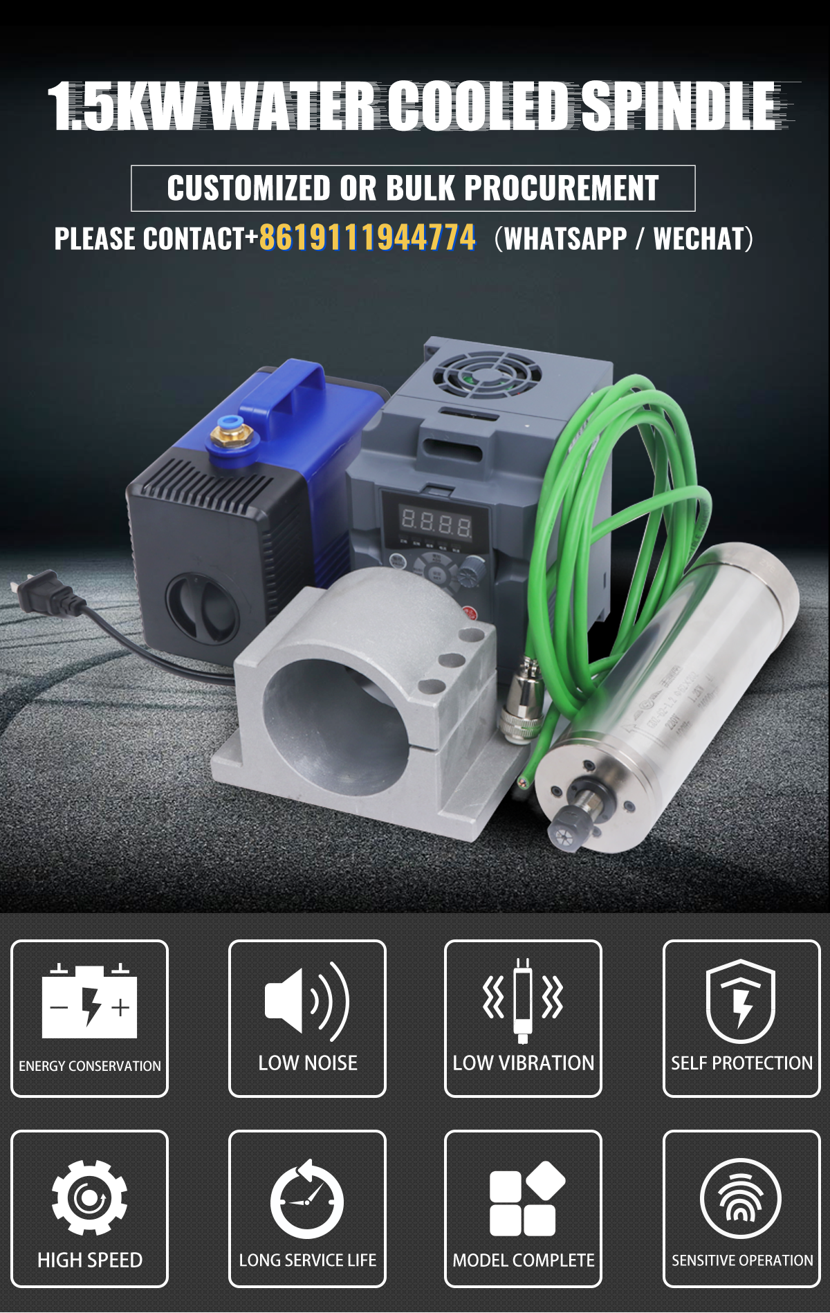 24000rpm 62mm Water Cooled Spindle Motor 220V 1.2kw 4bearings 600Hz CNC VFD 4bearings
