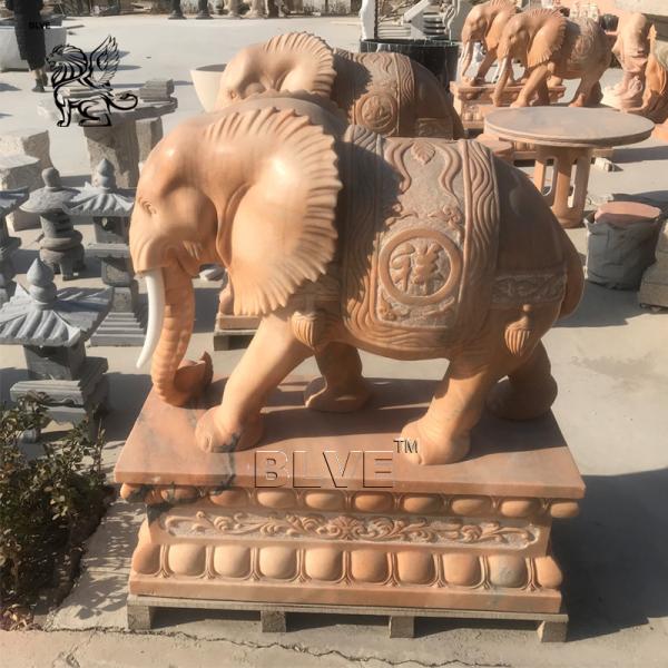 BLVE Natural Stone Marble Life Size Elephant Statue Sunset Red Chinese Fengshui