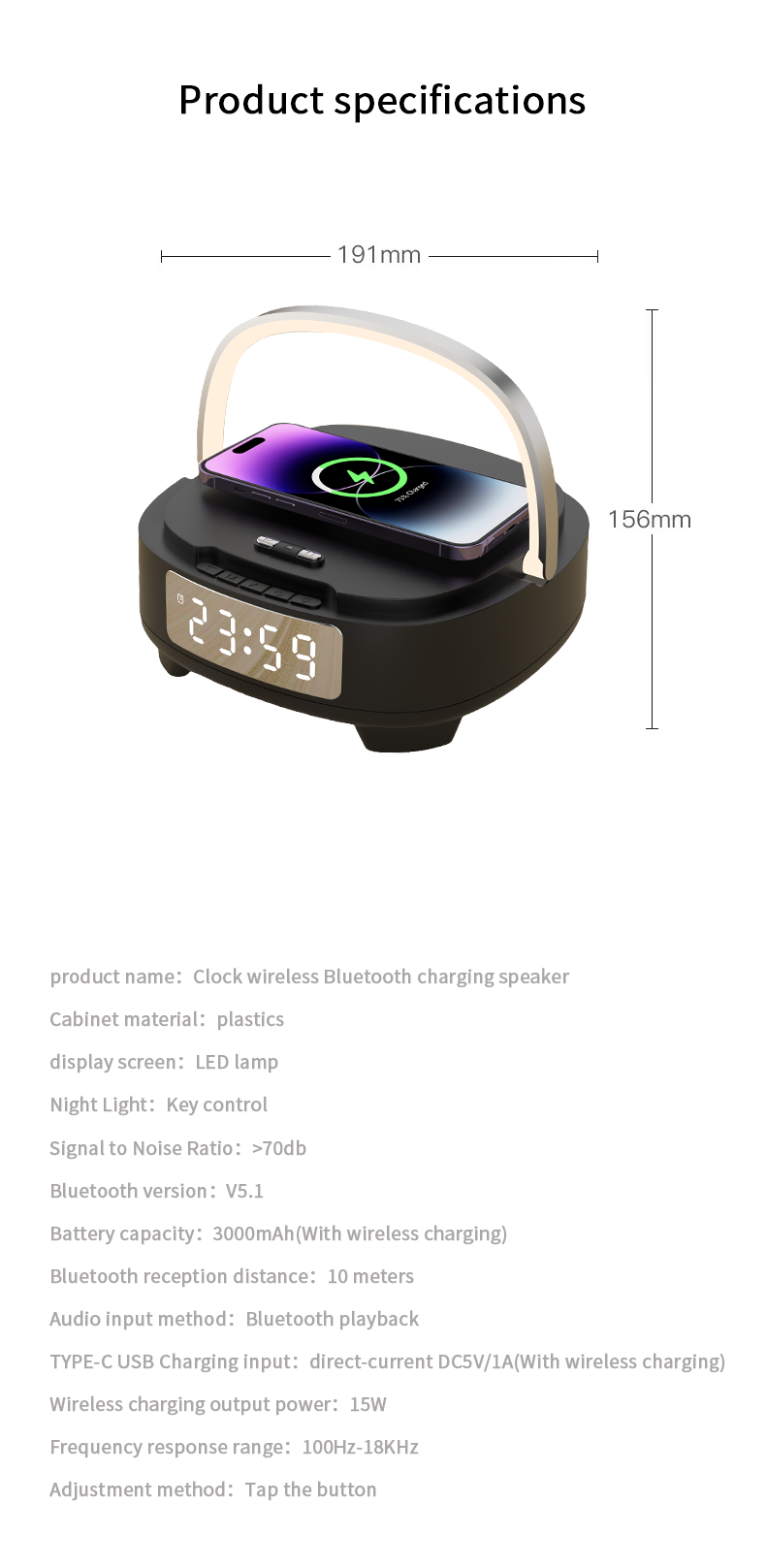 15W Phone Stand Wireless Charger Fast Phone Charging Alarm Clock Bt Speaker For Bedroom