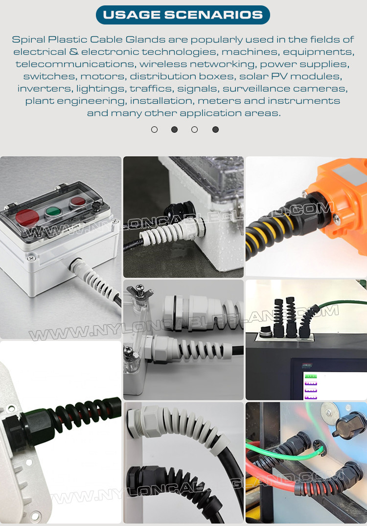 Nylon (Polyamide) Cable Gland, Spiral Type, IP68 Version, PG or Metric Thread, Gray or Black, for Electrical Cabinet