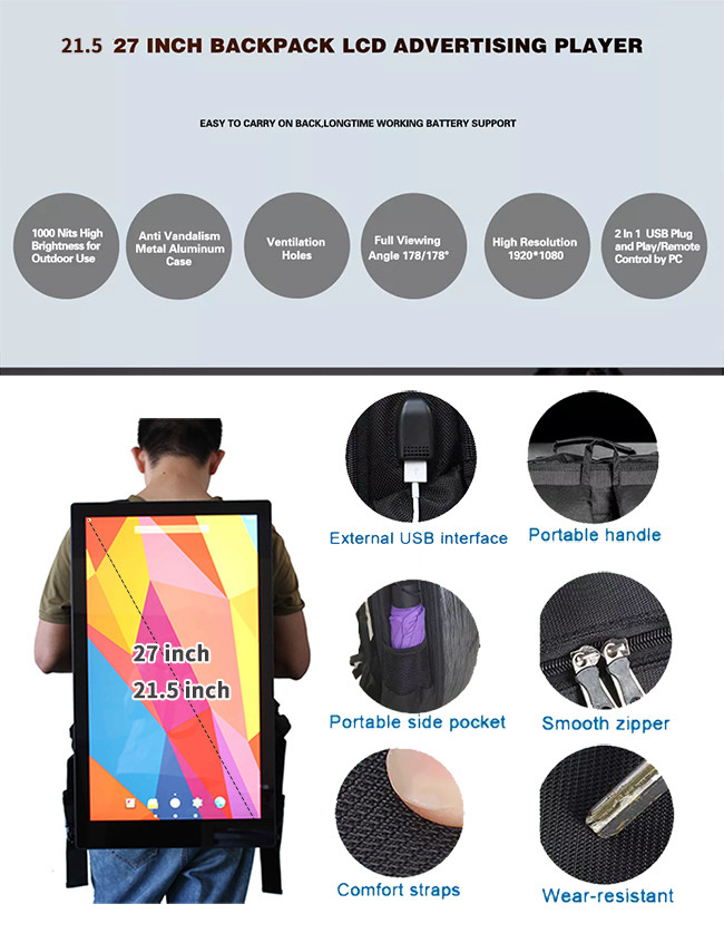 27 Inch 21.5 Inch Backpack With LCD Screen LCD Advertising Player Battery Outdoor Brightness HD 50000 Hours