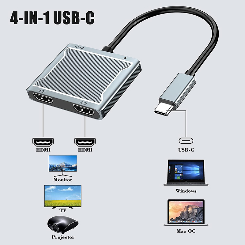 USB C Type C Interface Connector Dual HDMI Adapter 4K 4 In 1 USB 3.0 Hub For Laptop