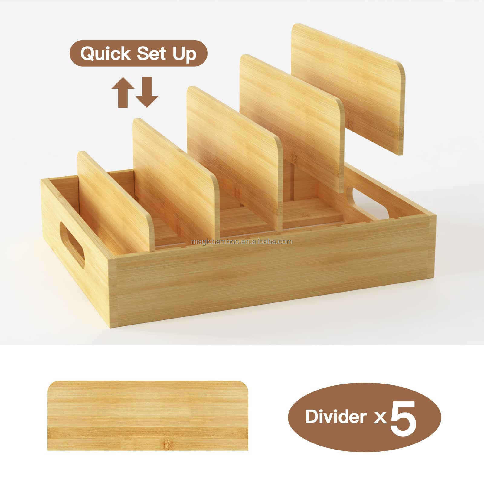 Bamboo Food Container Lid Organizer with Adjustable Dividers 30.49 x 25.41 x 6.36 CM