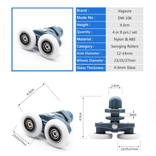 Double Plastic Rollers Sliding Glass Shower Door Hardware For 4-6MM Thickness Glass