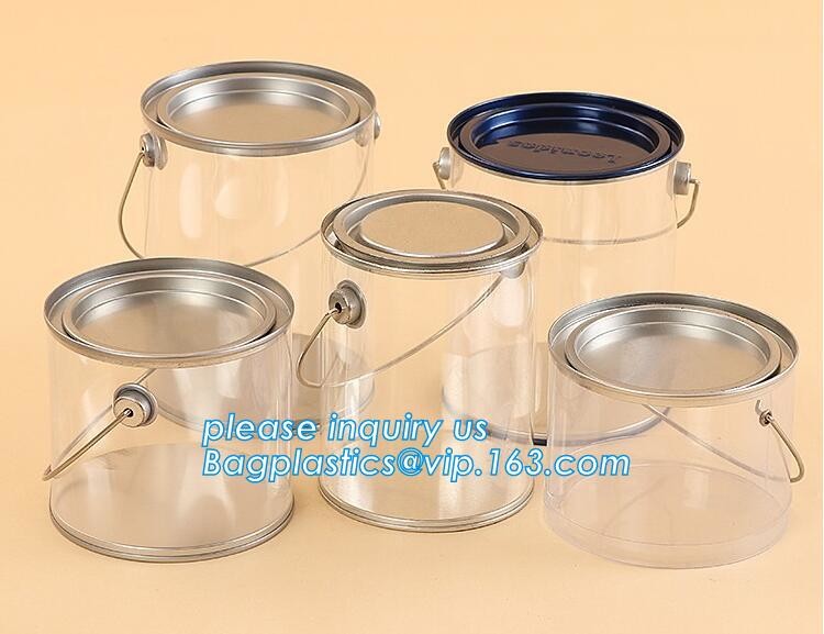 clear PVC PET can for food canning,Customized round clear paint can with tin lid,paint can with tin top & bottom and han