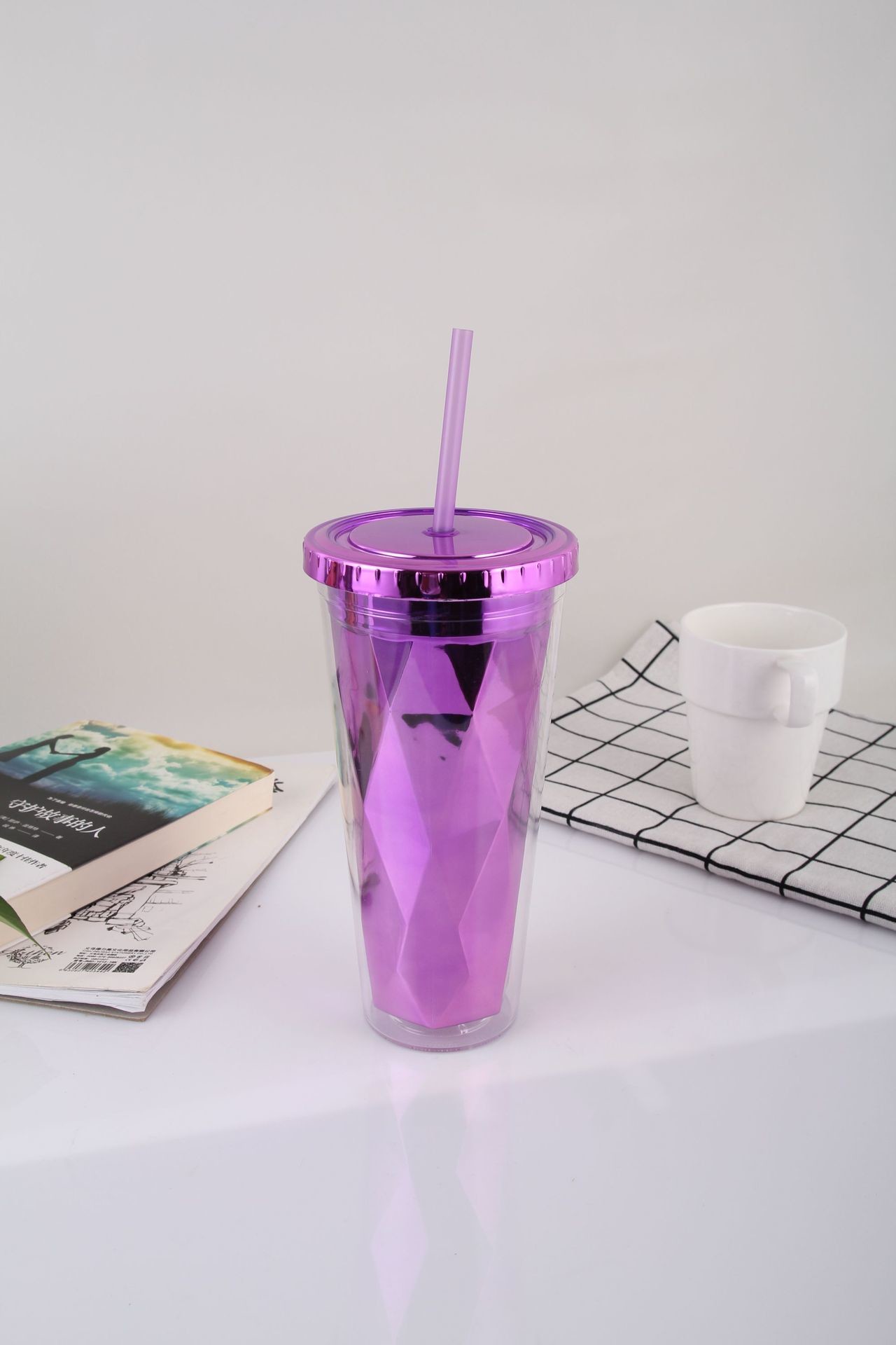 650ml Double-Layer Electroplated Plastic Straw Cup Summer With Lid Transparent Water Cup Creative Juice Cup