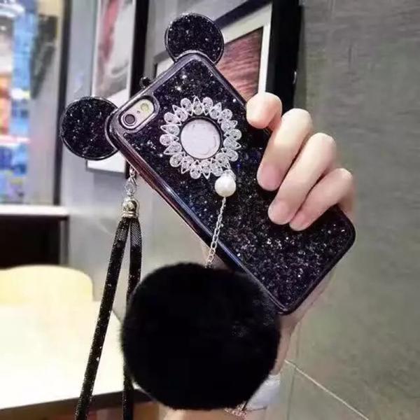 Soft TPU Glitter Pearl Hairball Strap Cell Phone Case Cover for iPhone 7 6s Plus